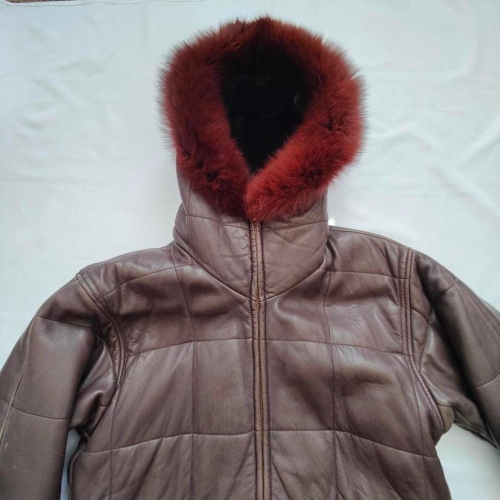 Vintage Marc New York Brown Leather Quilted Coat Fox Fur Trim Insulated Womens M - Picture 8 of 8